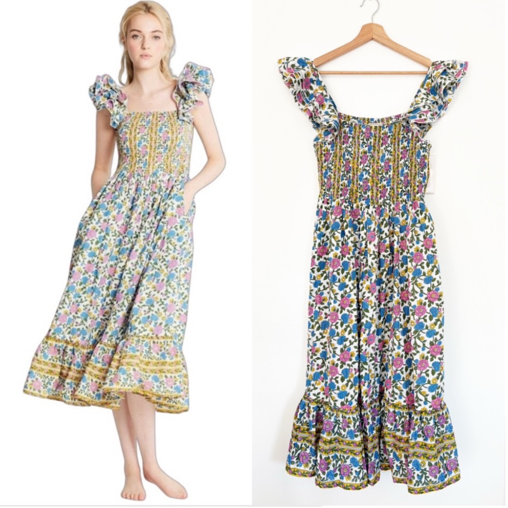 Mille Resort & Travel || Olympia Smocked Ruffle Midi Dress Floral Large‎ NWT